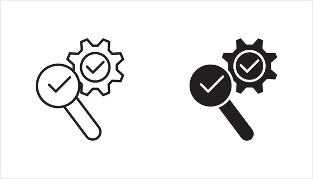 Magnifying glass and check mark verification line icon with gear symbol. Ideal for quality assurance, inspection, validation, approval, search, and audit concepts.
