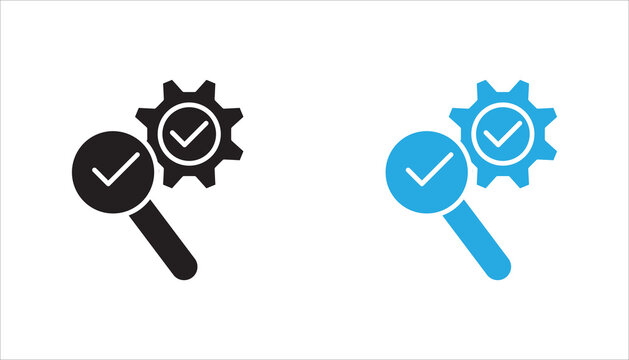 Magnifying glass and check mark verification line icon with gear symbol. Ideal for quality assurance, inspection, validation, approval, search, and audit concepts.