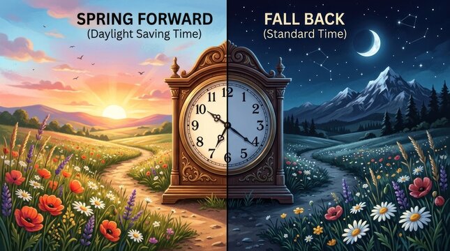 The image depicts a split-screen illustration representing Daylight Saving Time (DST) and Standard Time.