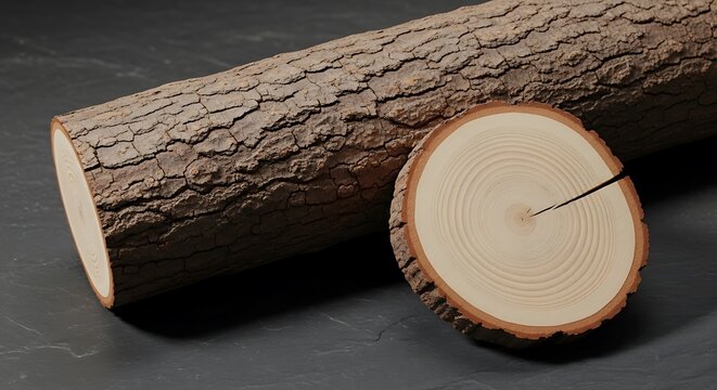 Natural cinnamomum campho wood log and a freshly cut cross section piece displaying distinct growth rings set against a minimalist dark slate background