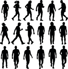 Obraz premium Silhouettes of people walking and running in various dynamic poses with activity