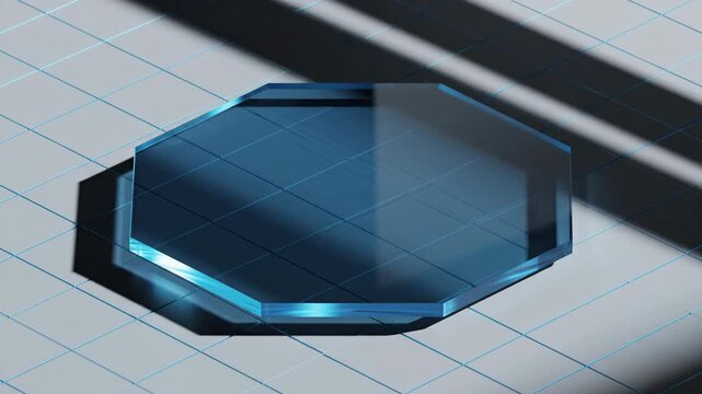Abstract Blue Glass Octagon With Dynamic Light and Shadows on Grid Background