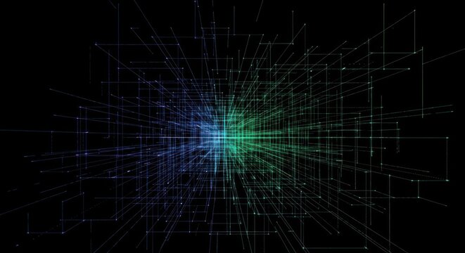 Abstract digital network grid with glowing blue and green light