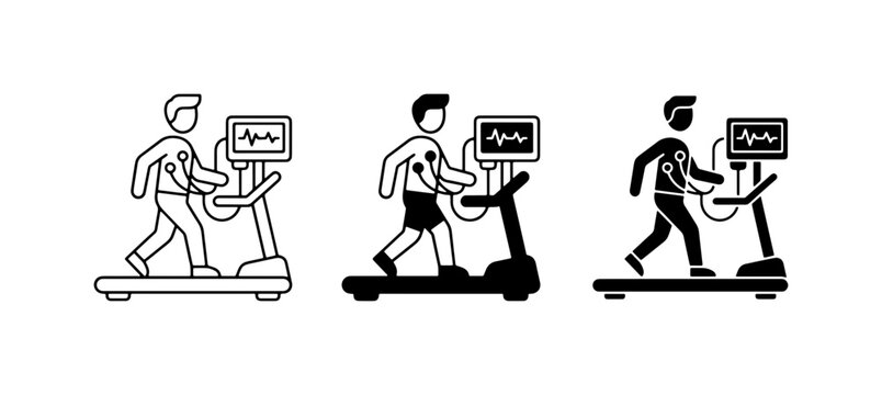 Cardiology Stress Test Icons, Treadmill Exercise ECG Monitoring, Medical Health Checkup Vector Set