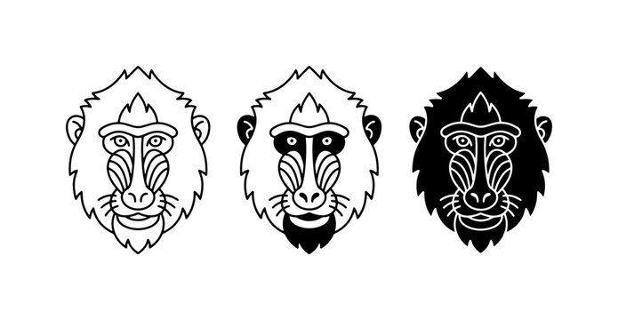 Baboon Head Icons, Primate Face Graphics, African Wildlife Vector Set, Stylized Animal Portraits, Bold Line Art and Silhouette