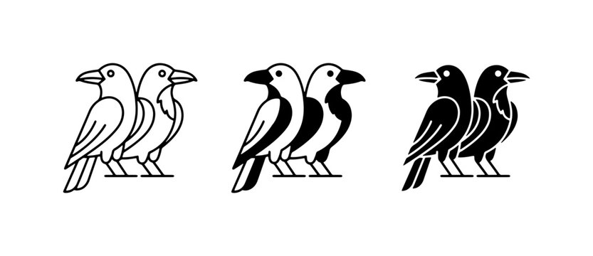 Three Stylized Crow Icons, Vector Graphics: Outline, Silhouette, and Filled Black Crow Pair Illustrations for Graphic Design Projects