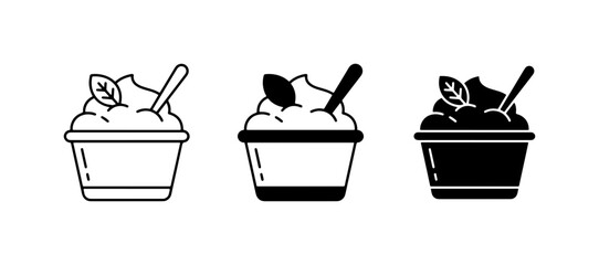 Dessert Icons Set: Creamy Ice Cream, Yogurt, or Mousse in Cups with Spoons and Mint Leaves, Vector Graphics for Food and Beverage Concepts © Ahmed