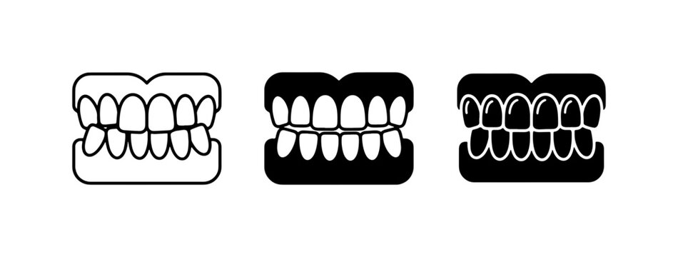 Dental Prosthetics Icons: Dentures, False Teeth, and Implants in Outline, Silhouette, and Filled Styles for Oral Health and Dentistry Concepts