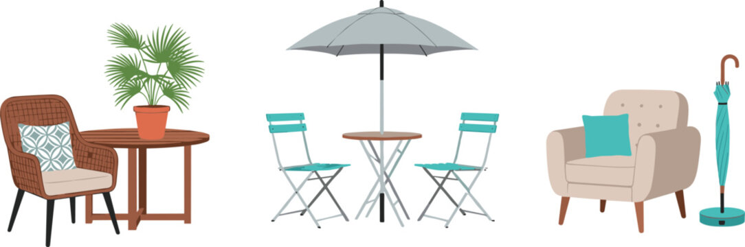 Outdoor and Indoor Furniture Collection with Patio Chairs Table Umbrella and Armchair Vector Illustration Set for Home Decor and Interior Design
