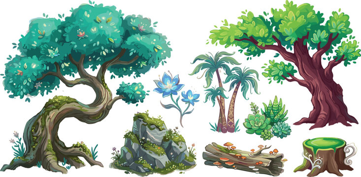 Cartoon Fantasy Forest Nature Set Featuring Ancient Trees Mossy Rocks Flowering Plants Palm Trees and Log Stumps for Game World Building and Digital Fairy Tale Illustrations
