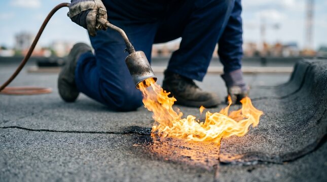 Close up of worker using gas torch on flat roof surface, concept for roof repair, professional services, and construction safety.