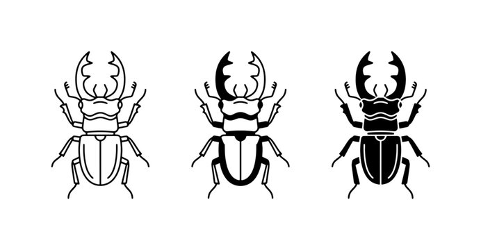 Stag Beetle Vector Icons Set, Insect Silhouettes Collection, Detailed Entomology Graphics, Black and White Bug Illustrations for Nature and Science