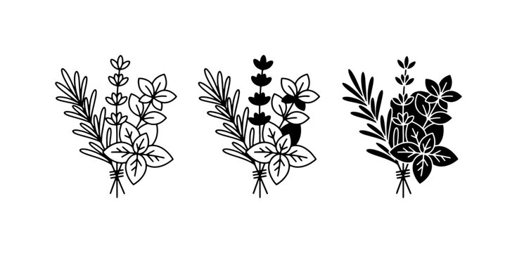 Herbal Bunches Vector Set, Culinary Herbs Collection, Botanical Line Art, Fresh Ingredients Graphics, Kitchen Decor Elements