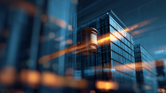 Silhouette of judge gavel against modern glass office building at sunset symbolizing corporate law justice and legal regulation in urban business environment