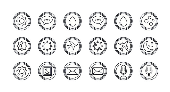 Set of grunge icons: gear, chat, drop, sun, moon, airplane, email, microphone