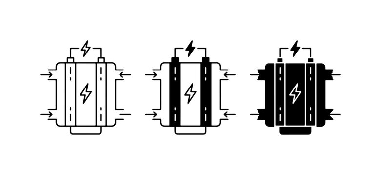 Electrical Transformer Icons Set, Power Supply Vector Graphics, Energy Conversion Symbols