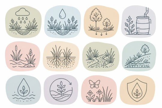 Minimal eco line icon set with pastel rounded tiles for water cycle drought roots rain harvesting and sustainable landscape design