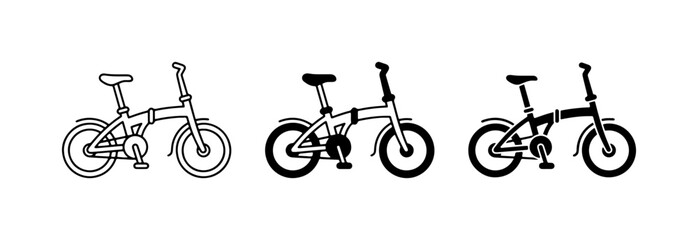 Obraz premium Folding Bicycle Icons, Compact Urban Transport Vector Set, Minimalist Line Art and Silhouette Designs for Commuting and Travel