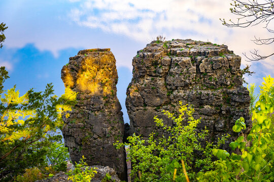 Indian Head Rock Formation with Mississippi River in Mississippi Palisades State Park Illinois