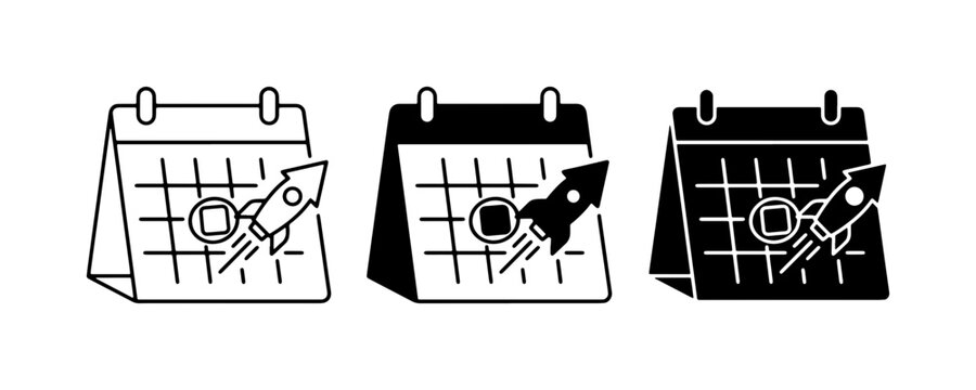 Rocket Launch Calendar Icons, Startup Timeline Planning, Project Deadline Management, Event Scheduling Symbols, Business Growth Strategy