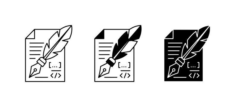 Feather Quill Writing Code, Document Icon Set. Creative Coding, Scripting, Programming & Writing Symbols. Digital Manuscript, Text Document, Source Code Illustration.