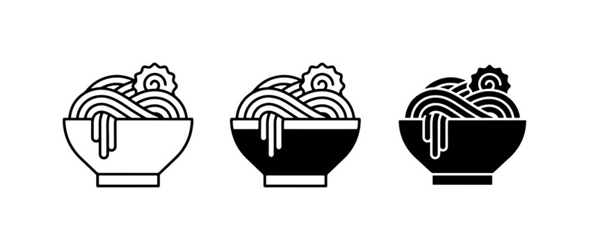 Noodle Bowl Icons, Ramen Soup Set, Japanese Food Vector Graphics, Asian Cuisine Illustrations, Simple Line Art and Silhouette Styles