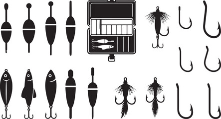 Fishing Floats and Fly Lures Vector Set - Tackle Box and Hook Silhouettes © Open Expression