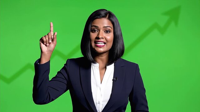 Professional Female News Reporter on Green Screen with Growth Arrow