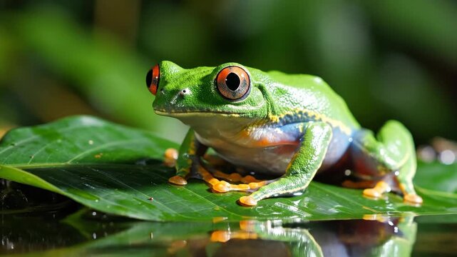 Vibrant Red-Eyed Tree Frog Croaking on a Green Leaf in a Lush Jungle Environment