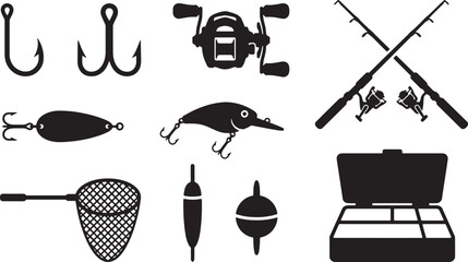 Fishing Tackle and Gear Silhouette Set - Professional Vector Equipment Icons © Open Expression