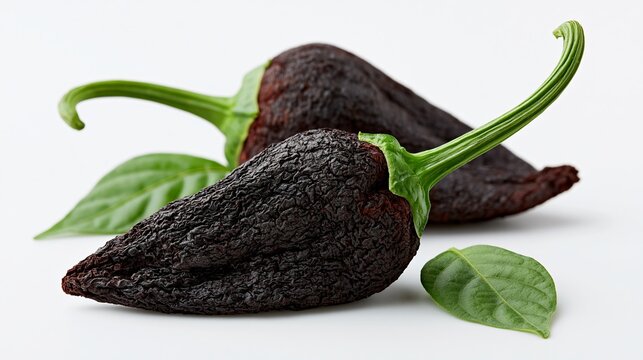 Dried black poblano peppers with green stems and fresh basil leaves arranged on a white background for culinary and food photography