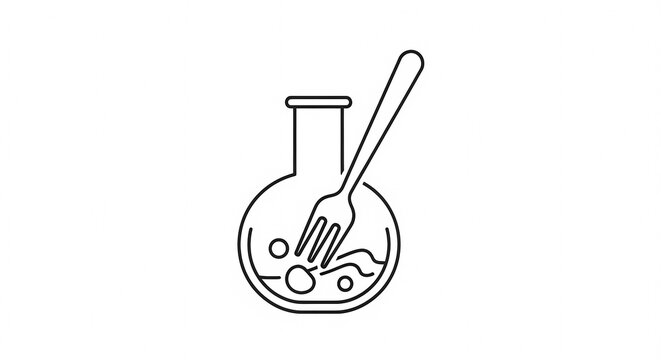 Laboratory flask with fork and food particles icon.