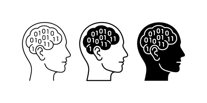 Human Brain with Binary Code, Artificial Intelligence Concept, Digital Mindset, Data Processing Icons