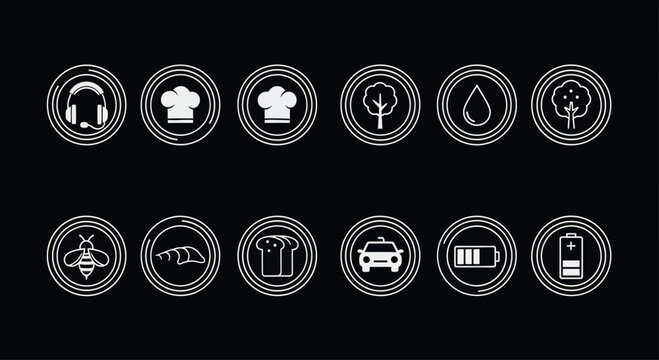 Set of Icons: Technology, Nature, Food, Lifestyle, and Transport