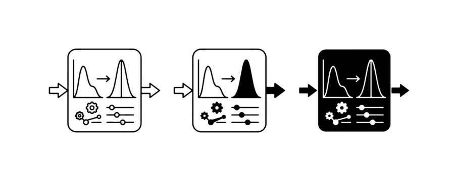 Data processing flow, statistical analysis, data transformation, and algorithm visualization icons.  Includes input, output, and adjustment controls.
