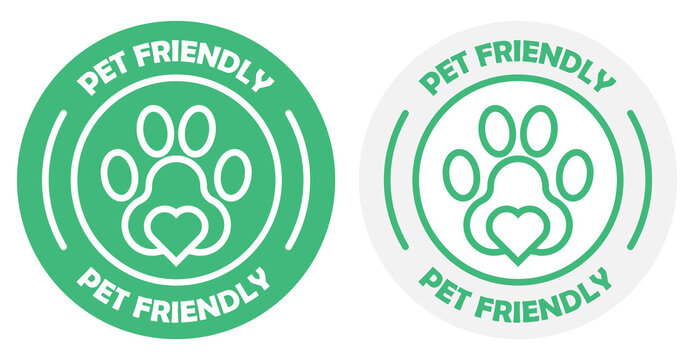 Pet Friendly Label, Pet Friendly and hearts Stamp. Vector for packaging design.