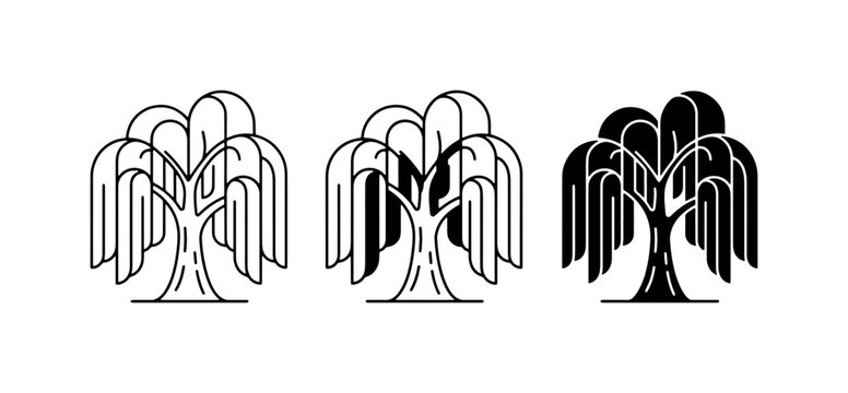 Weeping Willow Tree Icons, Minimalist Outline and Silhouette Vector Graphics, Nature and Botanical Art Elements