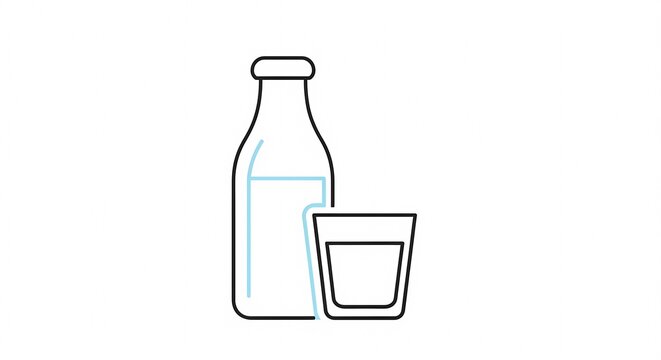 Simple Line Art Icon of Milk Bottle and Glass.
