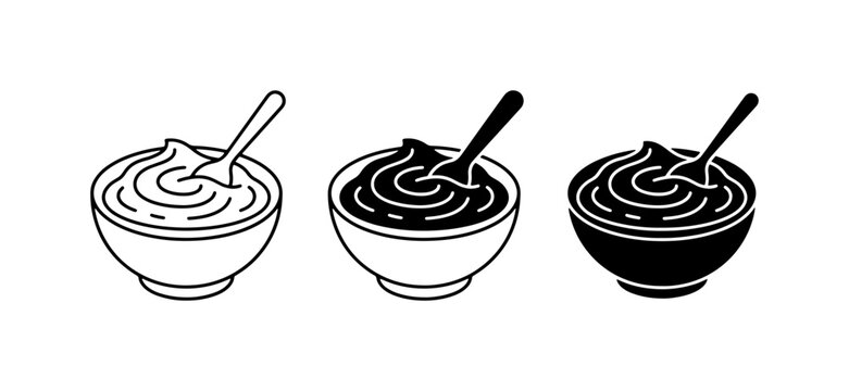Creamy Dip Bowls with Spoons, Vector Icons Set: Outline, Solid Black, and Filled Black Styles for Food and Recipe Graphics