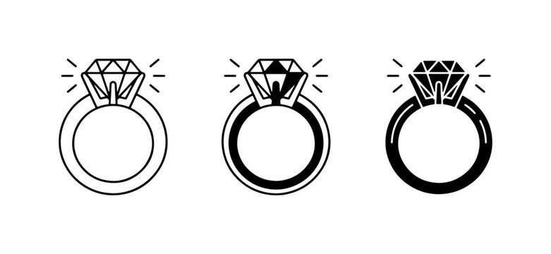 Diamond Ring Icons, Engagement Ring Vector Set, Luxury Jewelry Graphics, Proposal Symbol Collection