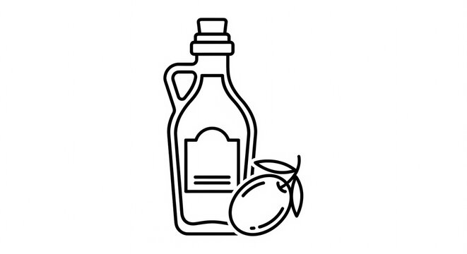 Simple Line Art Icon of Olive Oil Bottle and Olive.