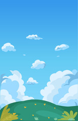 Fototapeta premium Bright Cloudy Blue Sky Background With Green Meadow Hills