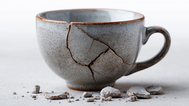 Cracked ceramic cup with visible fractures and broken pieces scattered on a light surface, showcasing the texture and color of the pottery