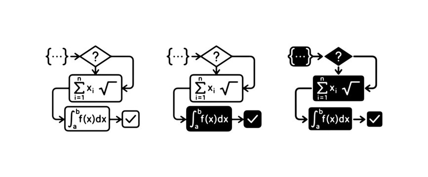 Mathematical Algorithm Flowcharts, Calculus and Statistics Icons, Data Processing Logic Diagrams