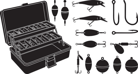 Ultimate Fishing Tackle Box Vector Set - Lures, Hooks, and Gear Silhouettes © Open Expression