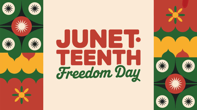 Juneteenth freedom day celebration with colorful retro floral and circular patterns