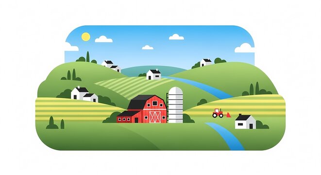 Vibrant Rural Landscape with Farm Buildings and Fields.