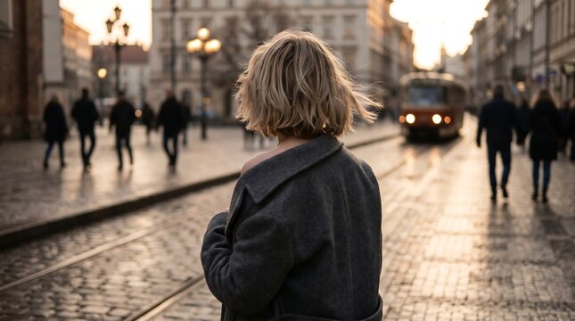Woman with back short hair standing on city street with people