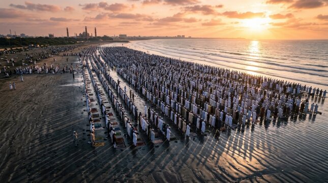 Aerial View of Massive Outdoor Prayer Gathering at Sunrise with Organized Rows
