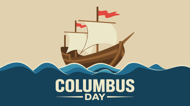 A vintage sailing ship illustration with red flags and ocean waves for columbus day